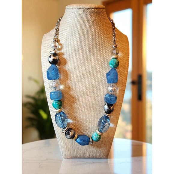 Chunky NY Necklace – Blue, Silver, Turquoise Beads – 22" - Picture 1 of 5